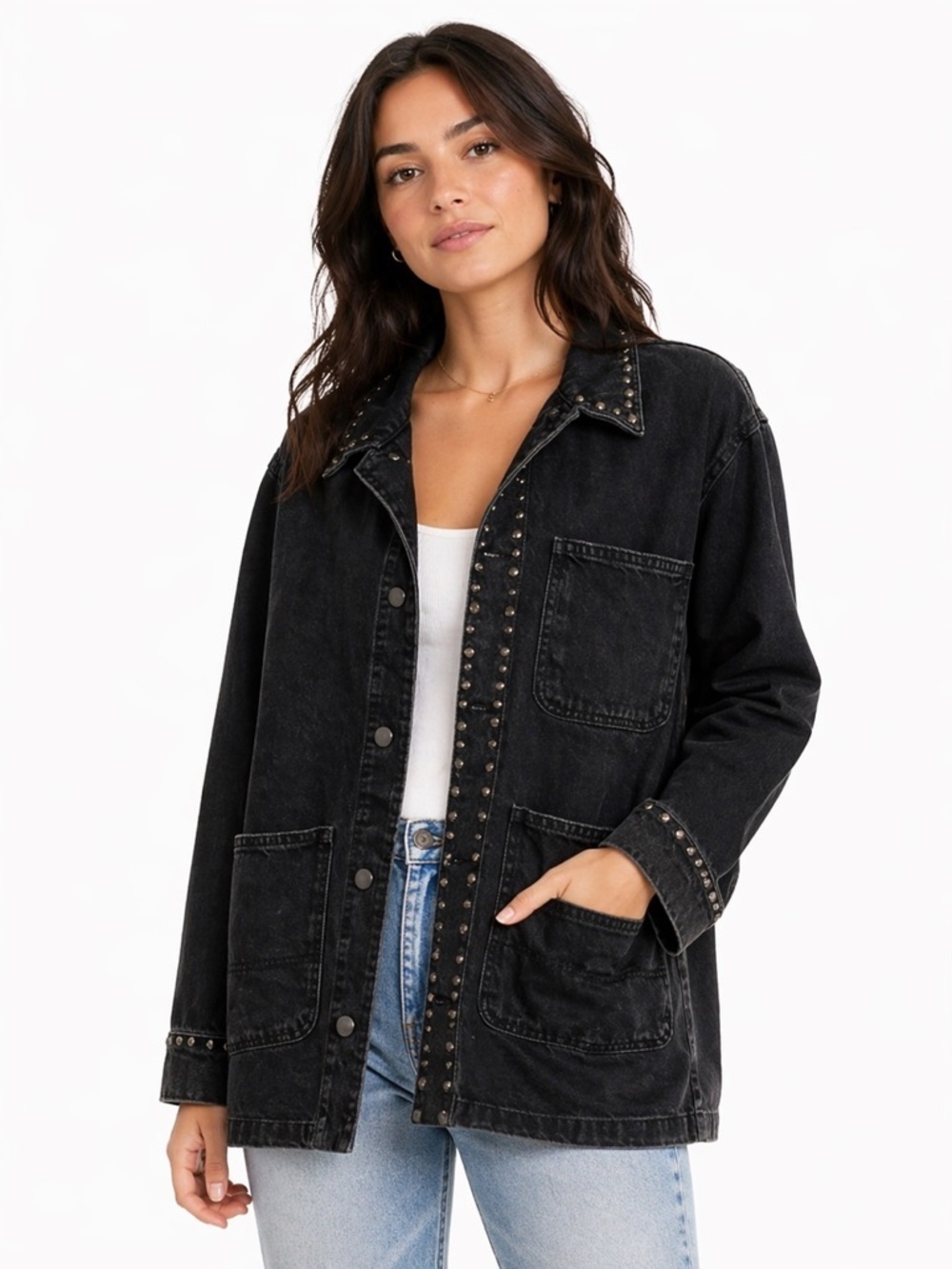 Zara oversized casual trendy grommets black 3 pocket denim shirt style jacket XS